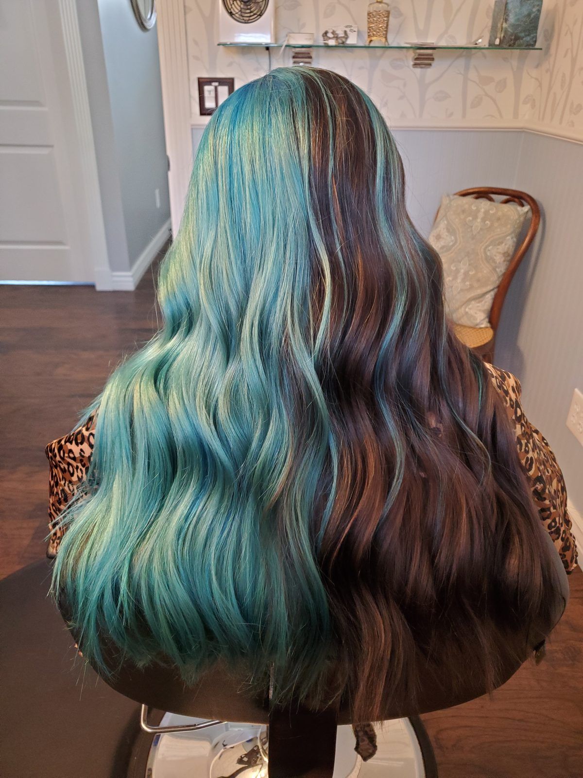 Long wavy hair split down the middle, teal-green on the left, dark brown on the right, shown from behind.