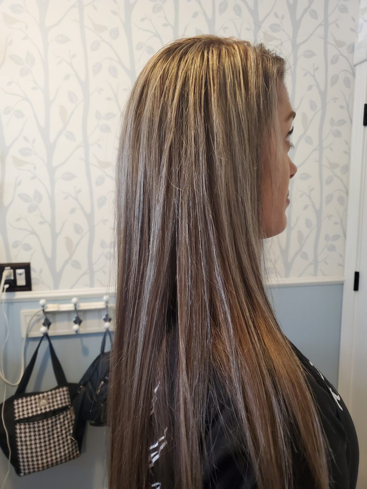 Long, sleek straight hair with ashy blonde highlights, shown from the side.
